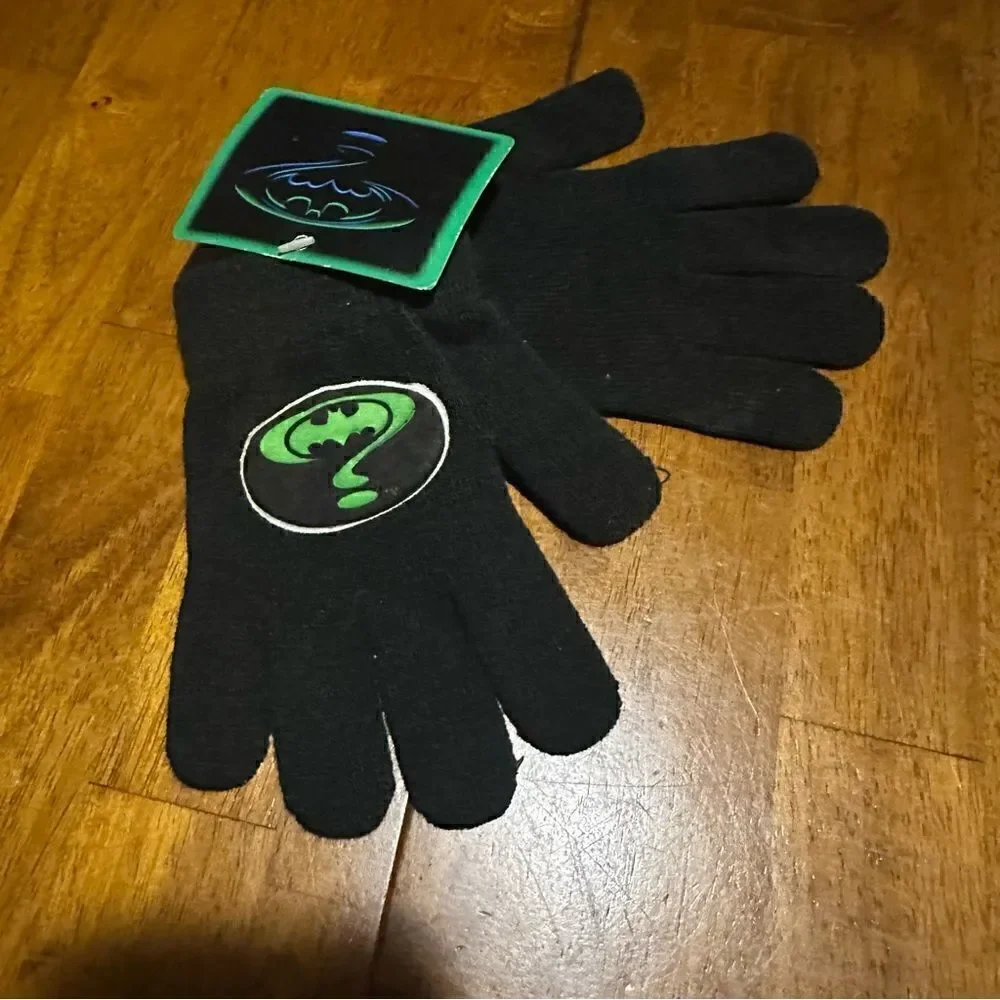 Vintage Dead Stock Batman The Riddler Kids Knit Black Gloves Rare 90s Small